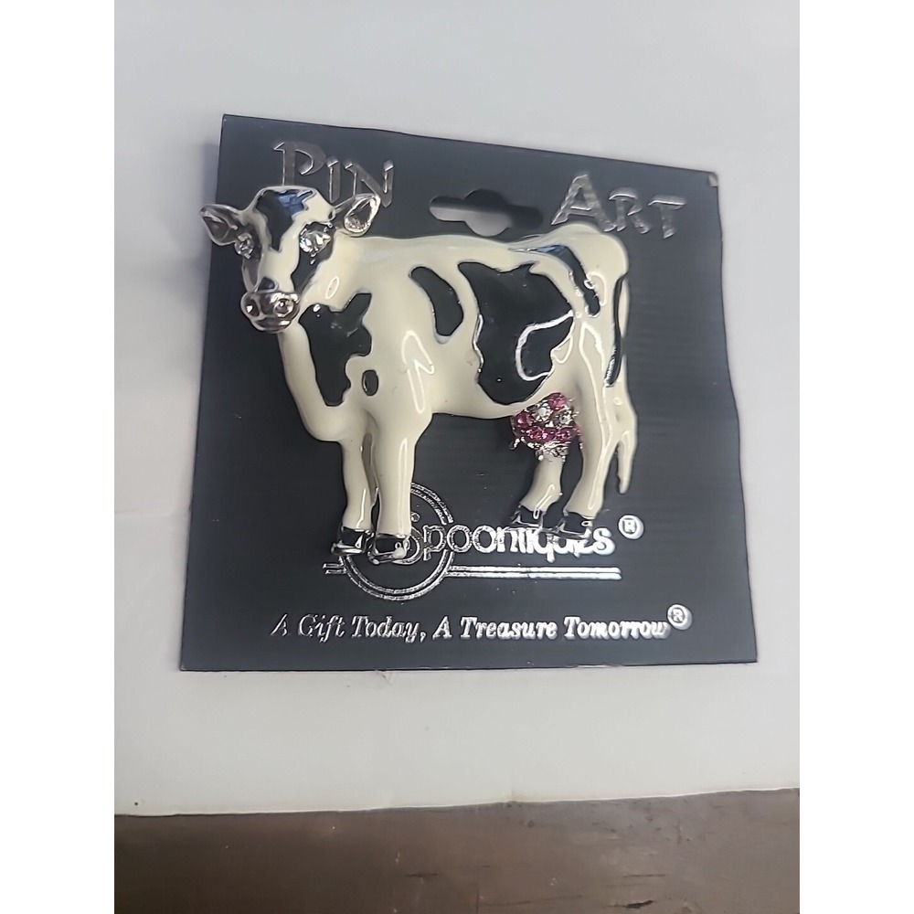 Pin Art Spoontiques Enamel Cow Brooch Crystals Milk Holstein